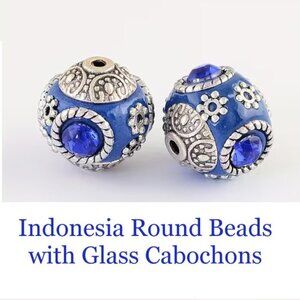 Handmade Indonesia Round Beads, with Glass Cabochons and Metal  2 Beads
